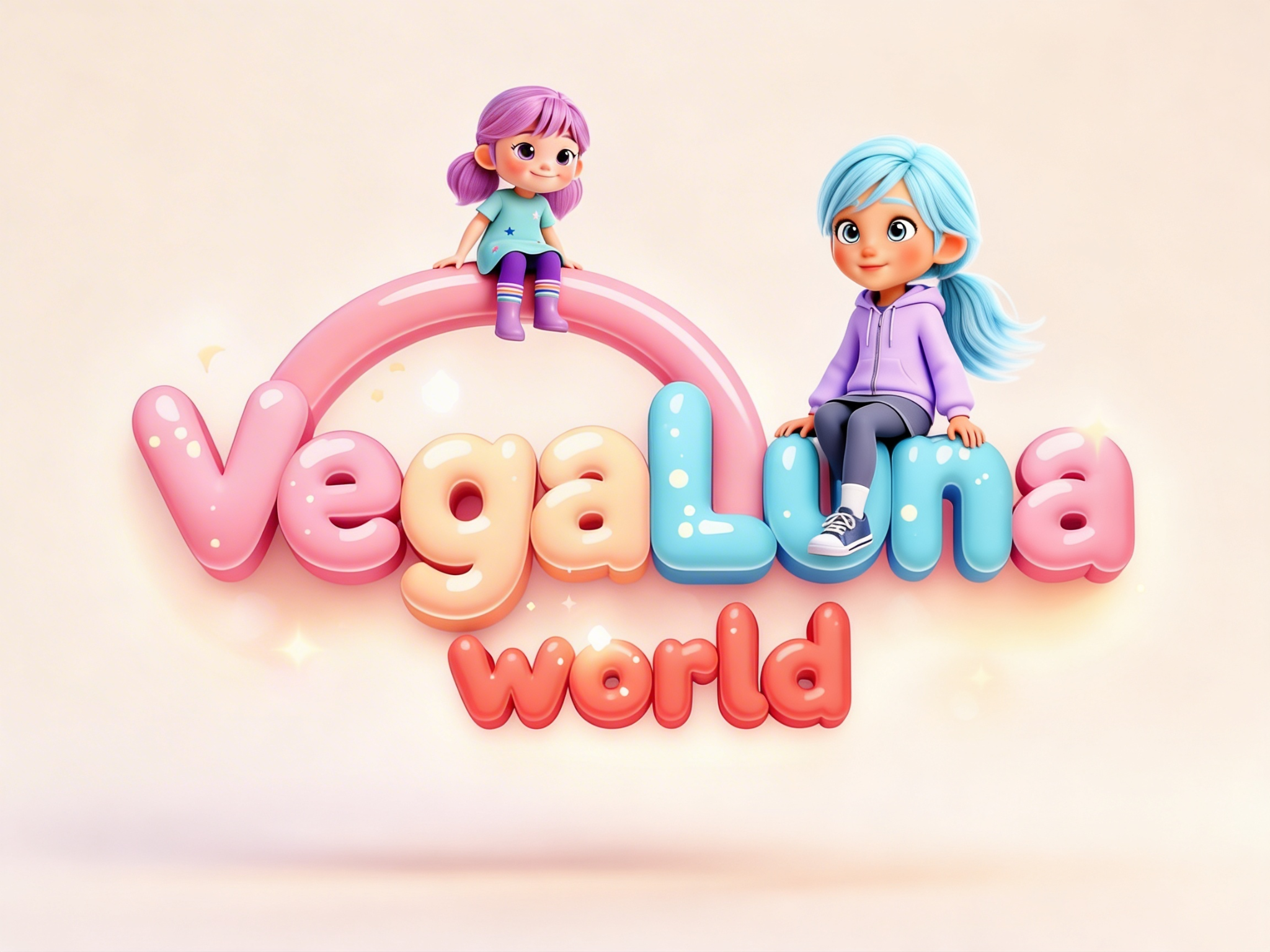 VegaLuna World logo with two animated characters sitting on colorful bubble letters